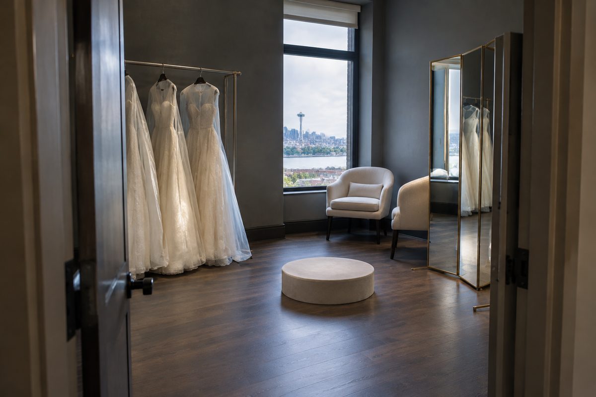 The fitting room at I Do Bridal with a rail of ivory gowns and the platform ready for an appointment