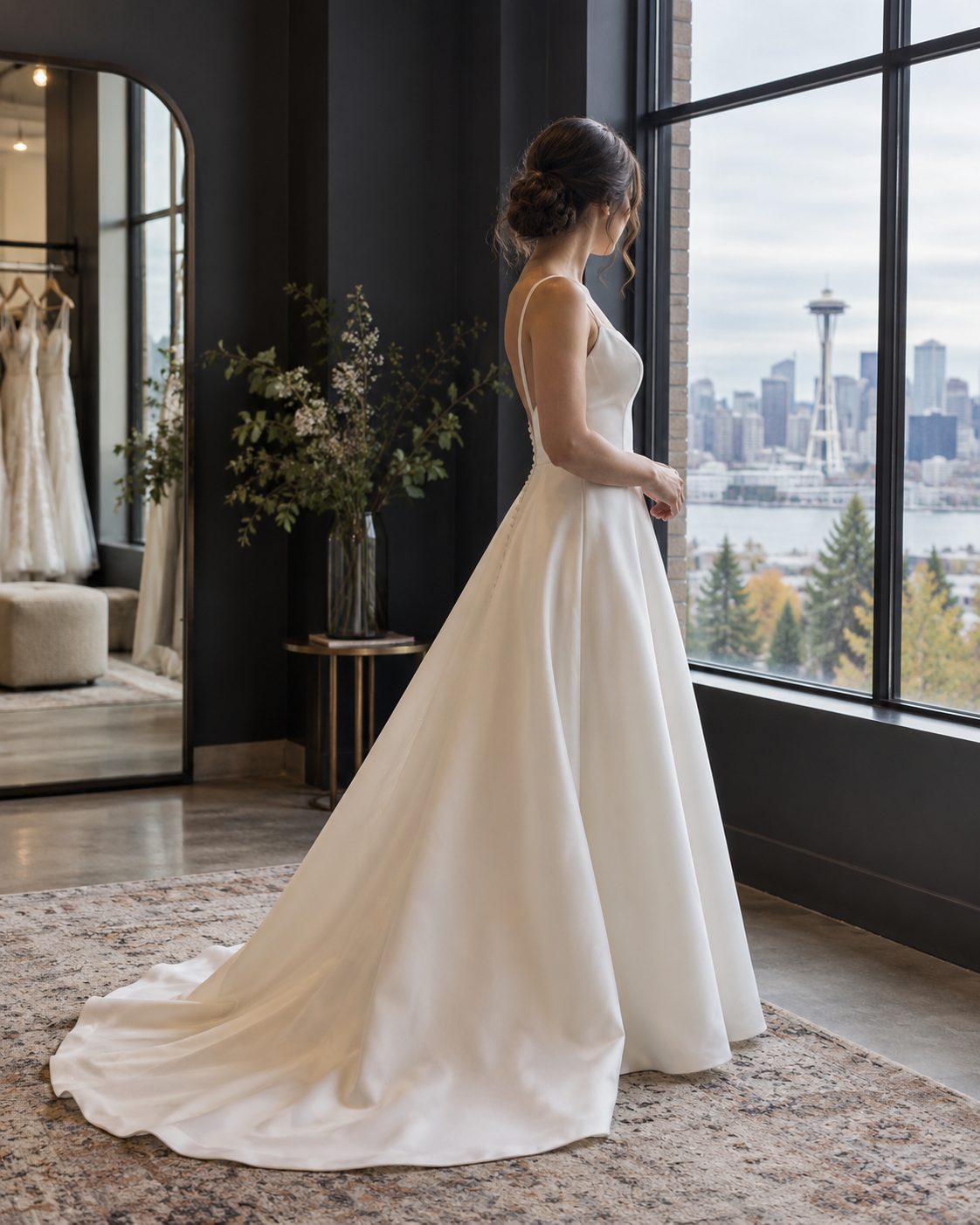 An ivory A-line wedding gown with a fitted bodice and a skirt widening from the waist