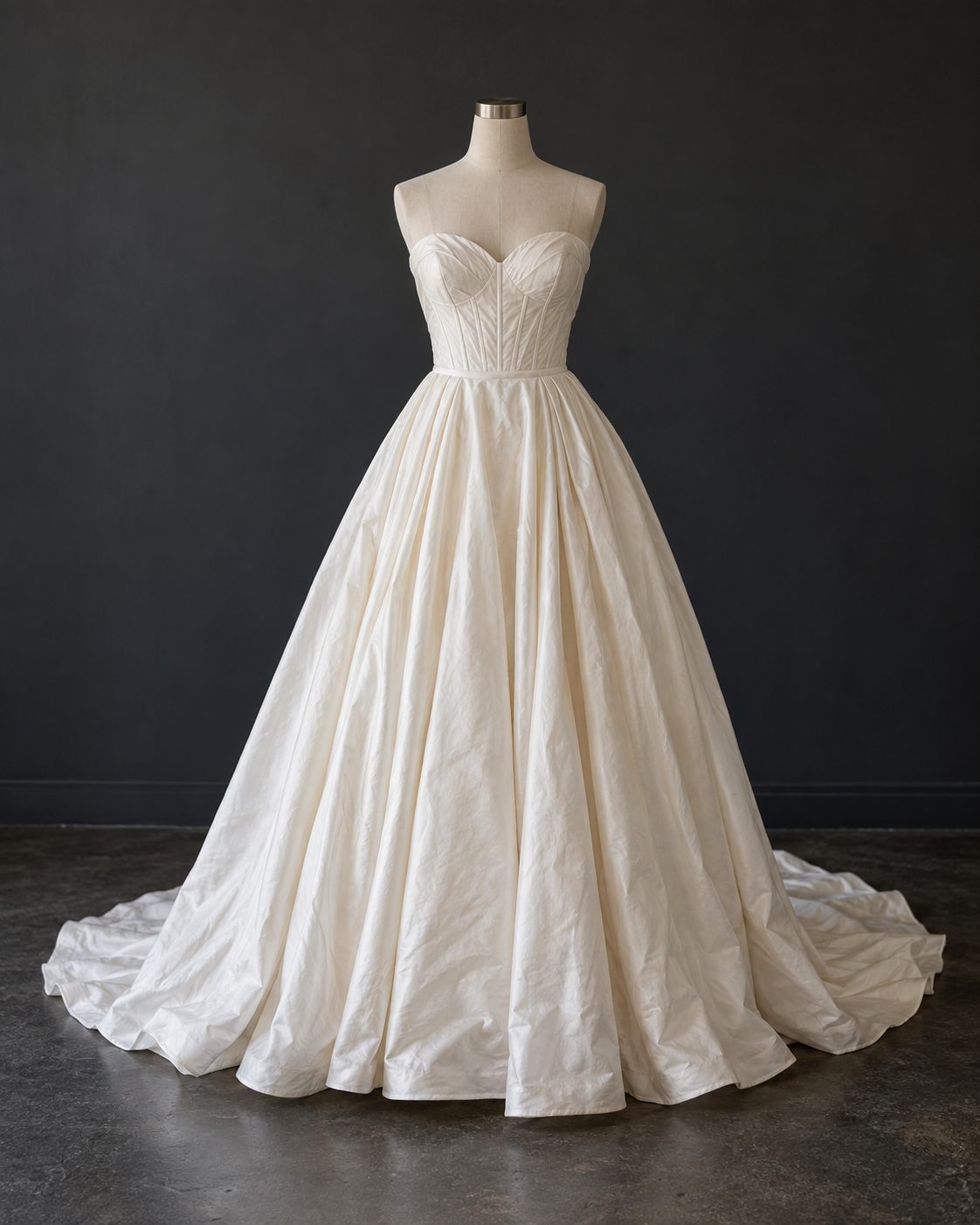 Close detail of the bodice construction and lace work on an ivory wedding gown
