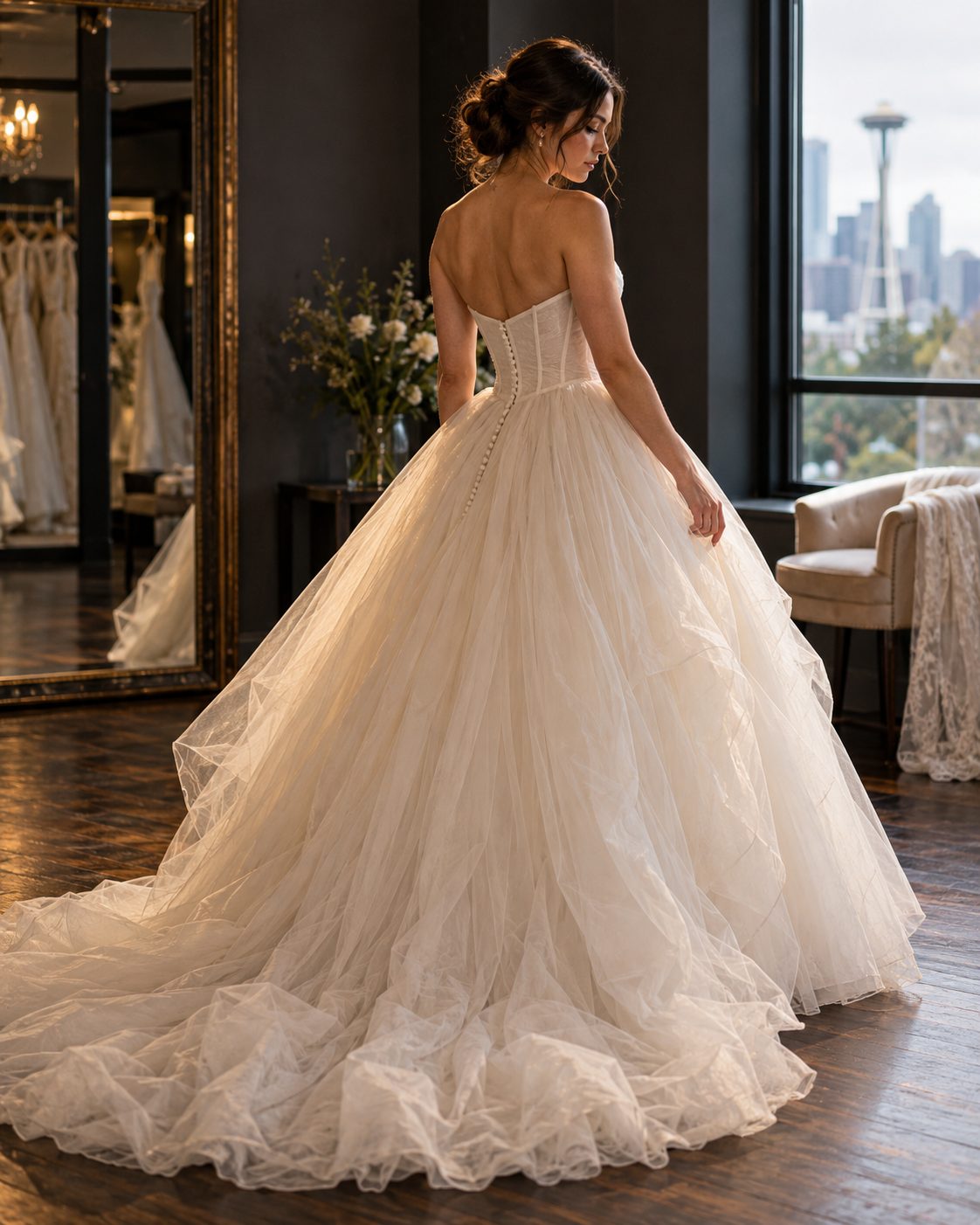 A bride in a full ball gown with a structured bodice and a wide layered skirt, seen from behind