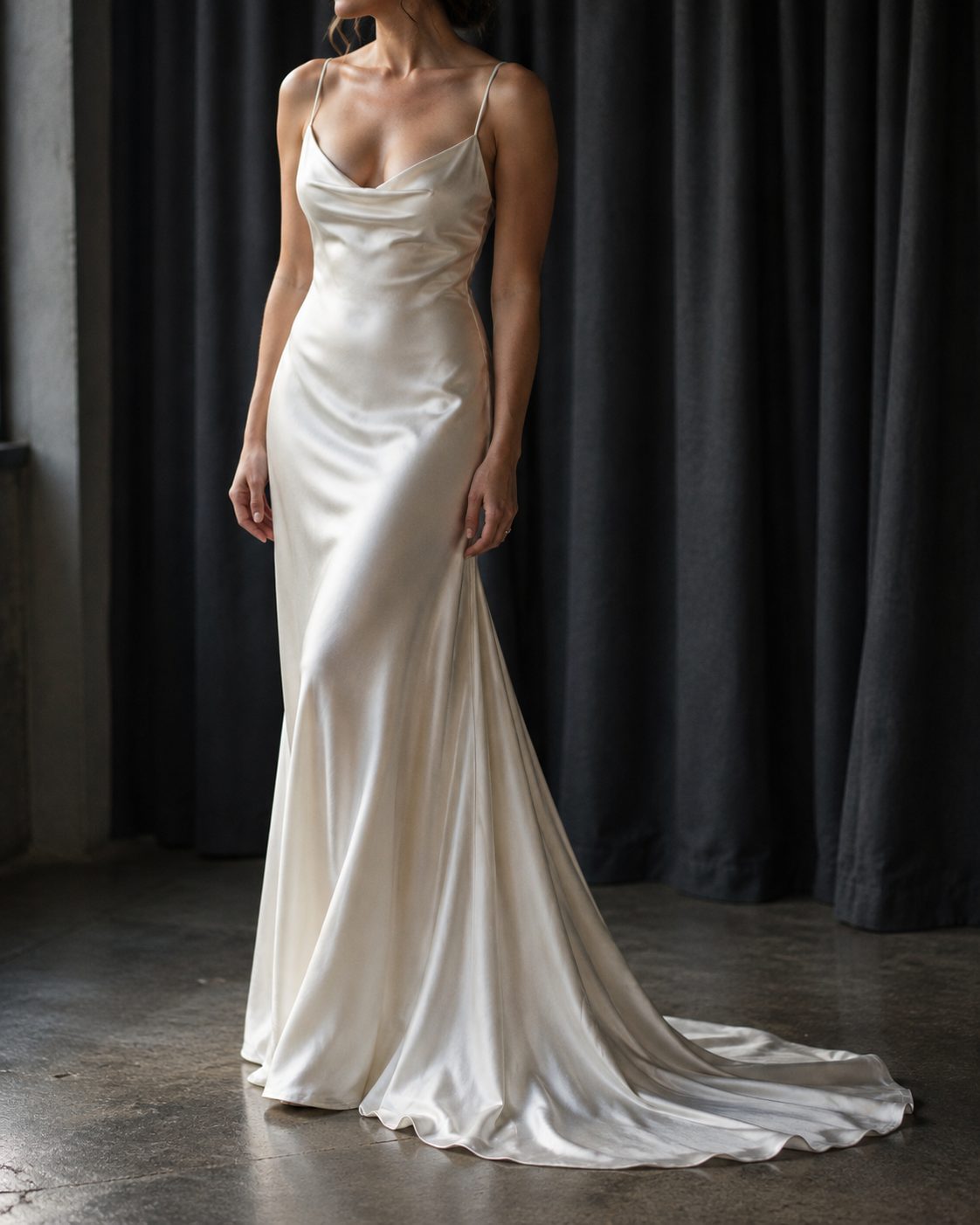 A minimal ivory sheath wedding gown cut close to the body, cropped from shoulder to floor