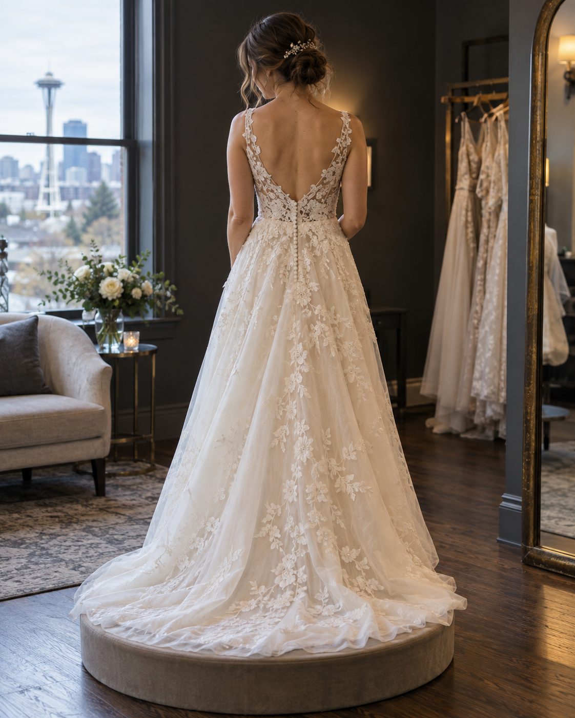 A bride in an ivory gown standing on the fitting platform before the salon mirror at I Do Bridal in Seattle