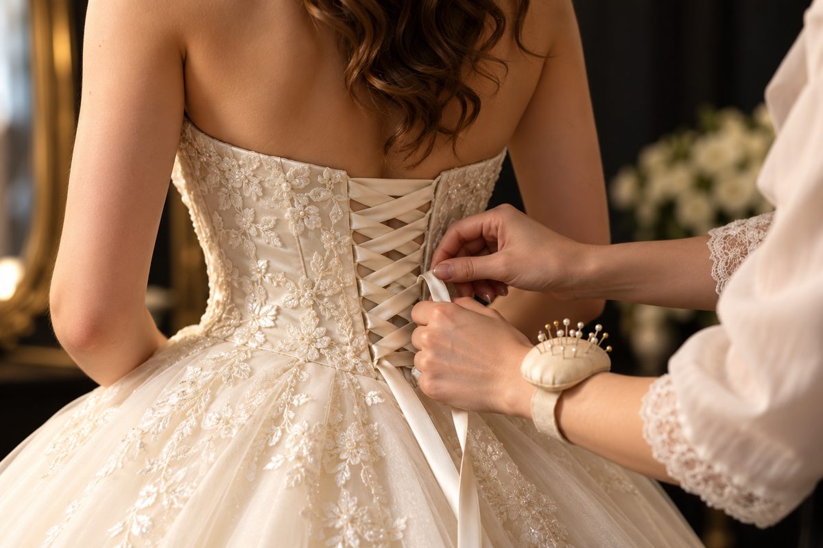 A stylist lacing and fitting the bodice of an ivory gown during a private styling appointment