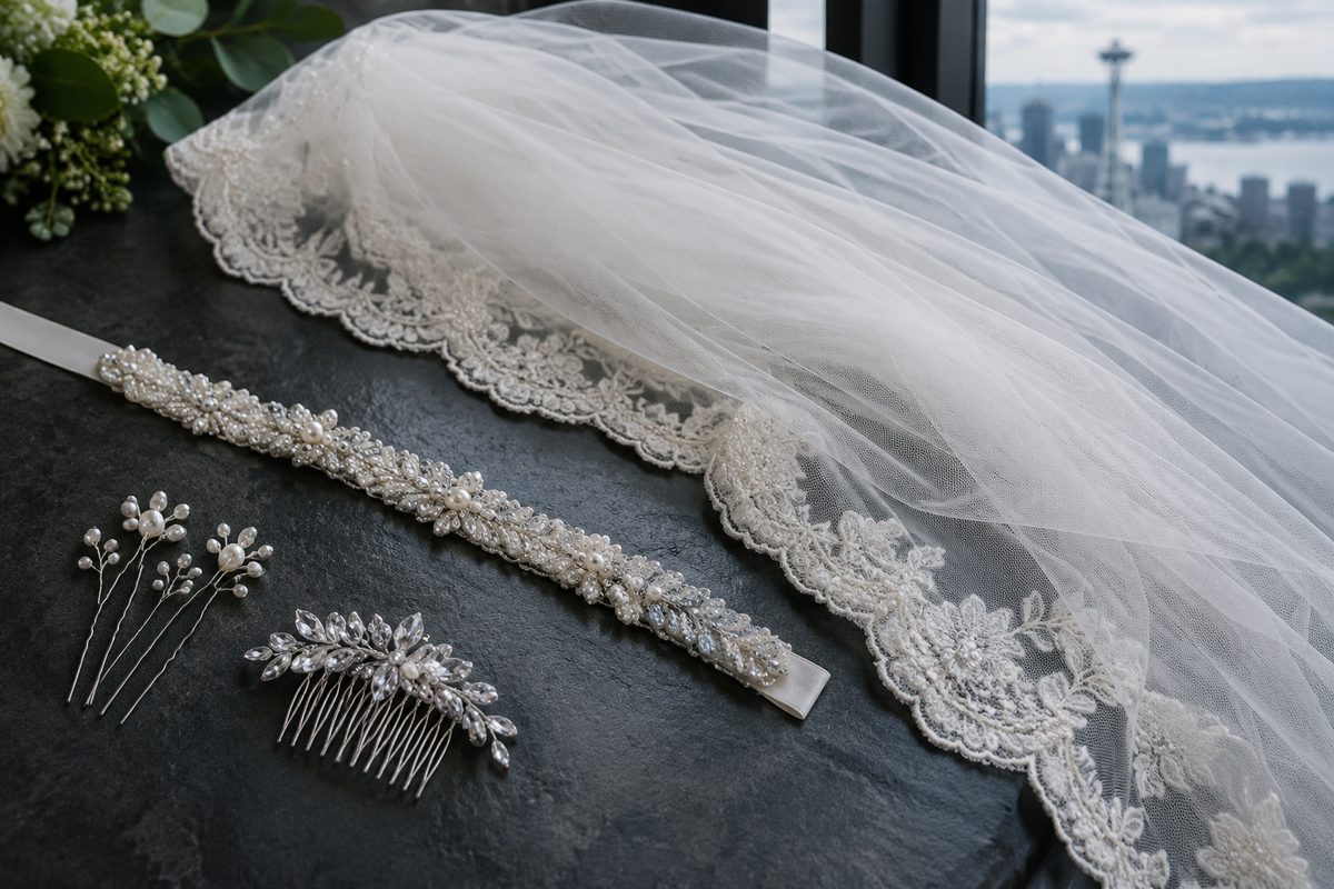 A lace-edged tulle veil laid out with bridal hair pins and a comb